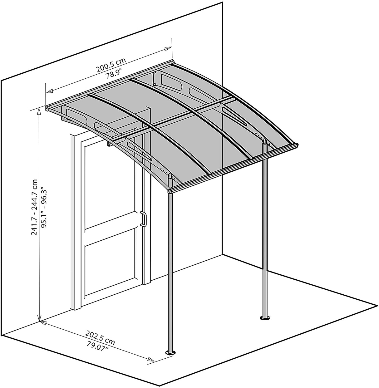 Vega 2m x 2m Door Canopy with Two Posts - Grey Frame & Clear Acryl