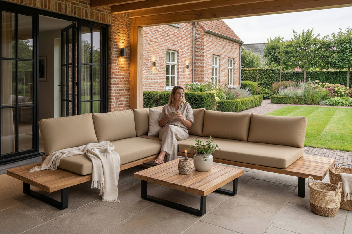 William L Shape Corner Lounge Set with Beige Cushions