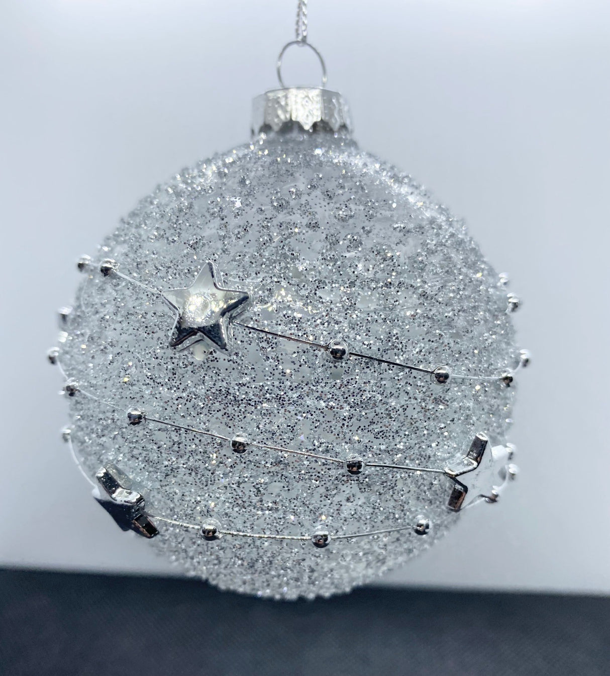 Set of 3 Silver Star Bead Christmas Tree Decorations 80mm