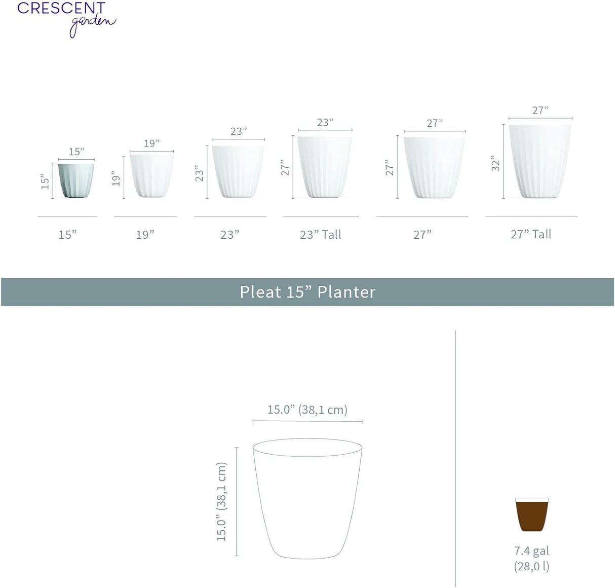 Crescent Garden Pleat Planter 15" Ash
