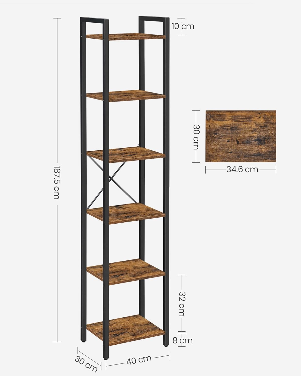 6-Tier Rustic Brown Bookcase - 30cm Wide