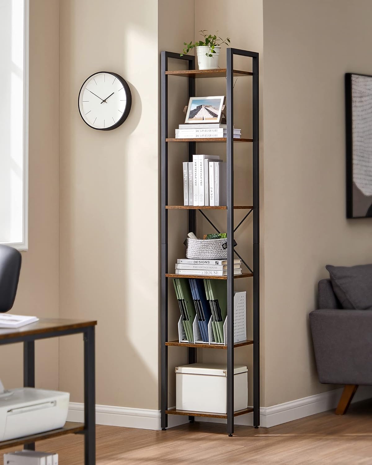 6-Tier Rustic Brown Bookcase - 30cm Wide