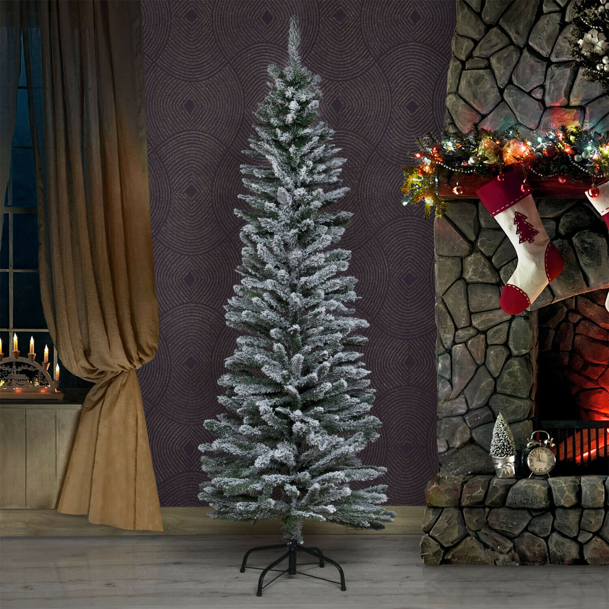 Pencil Pine Snow Flocked Christmas Tree - 6ft/180cm