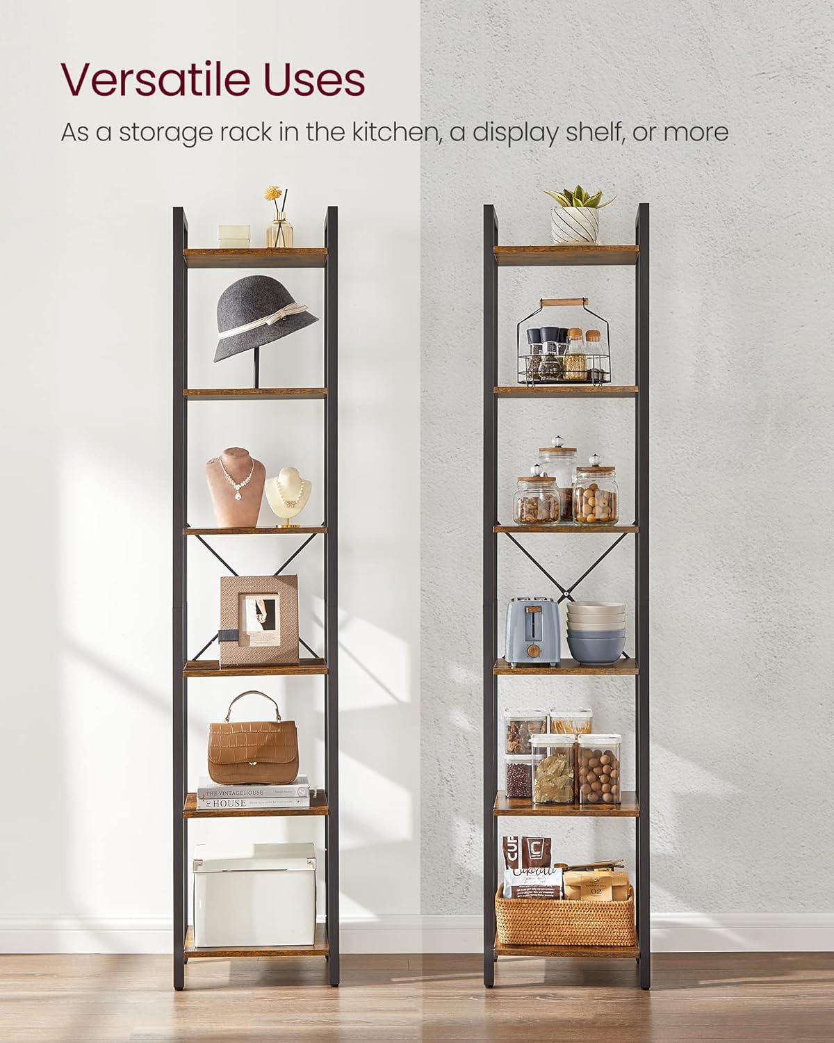 6-Tier Rustic Brown Bookcase - 30cm Wide