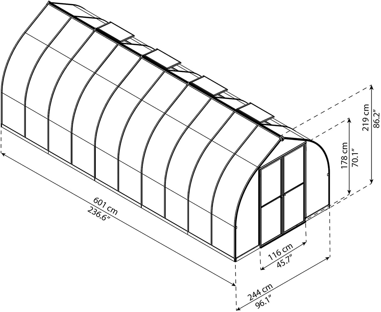 Bella 8' x 20' Greenhouse - Silver Frame & Twinwall Polycarbonate Panels