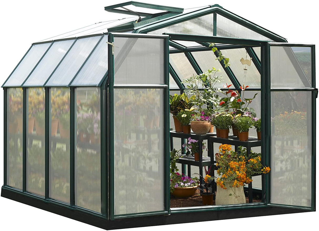 Hobby Gardener 8' x 8' Greenhouse - Green Frame & Twinwall Polycarbonate Panels