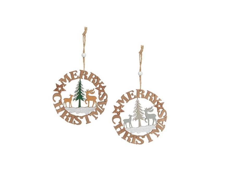Set of 2 Wooden Merry Christmas Wreath Tree Decorations 12cm