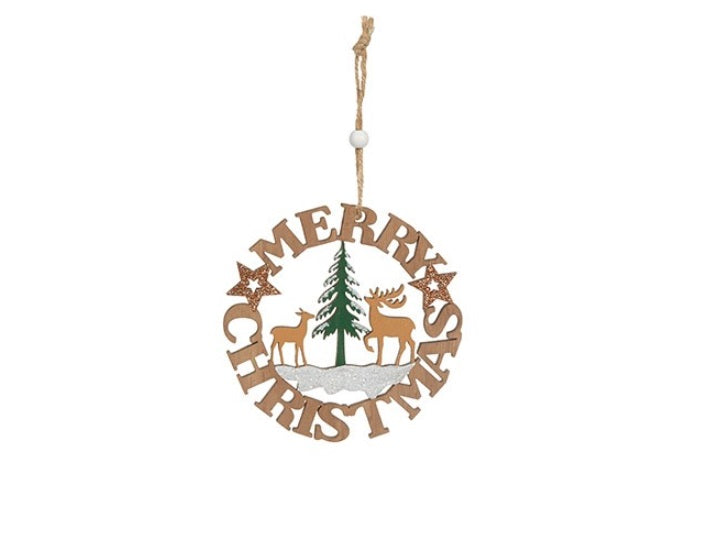 Set of 2 Wooden Merry Christmas Wreath Tree Decorations 12cm