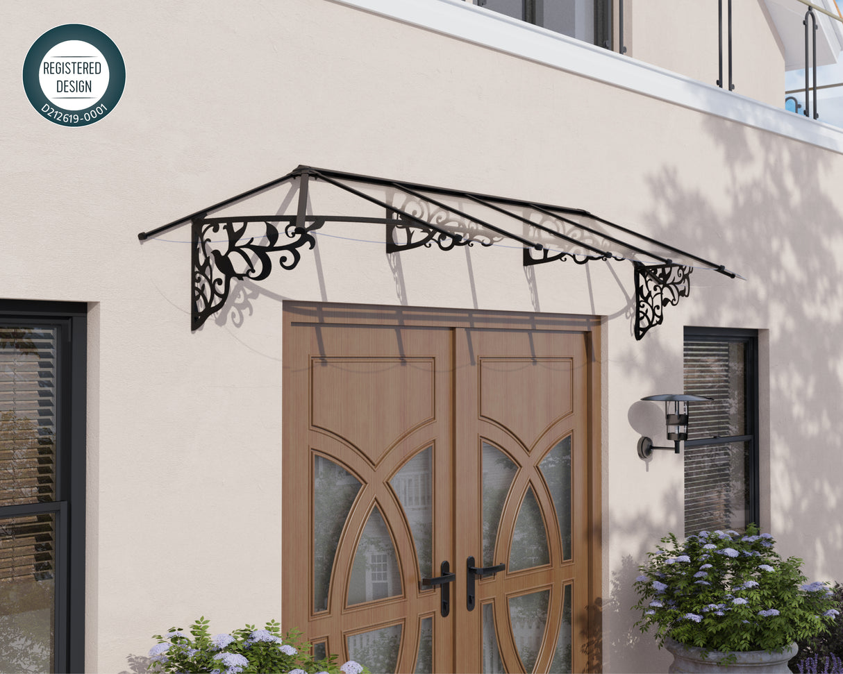 Lily 3.7m x 0.9m Door Canopy - Black Frame & Clear Polycarbonate