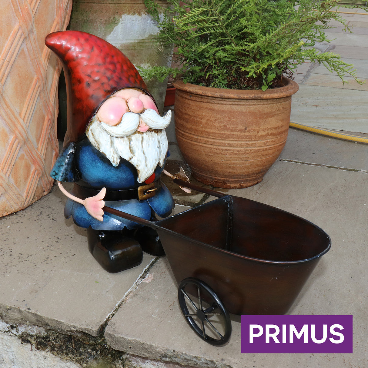 Metal Gnome with Wheelbarrow Planter