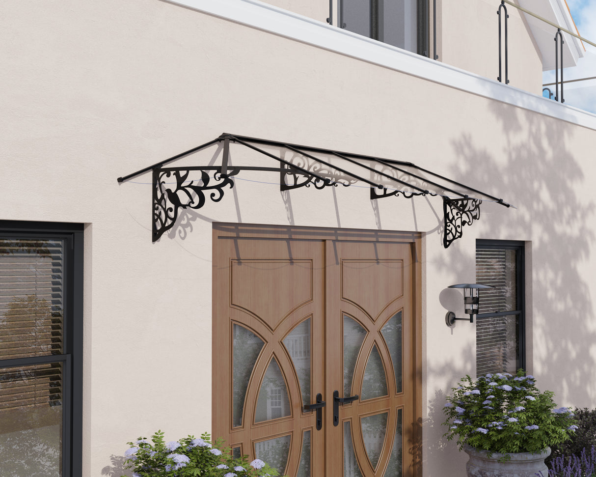 Lily 3.7m x 0.9m Door Canopy - Black Frame & Clear Polycarbonate