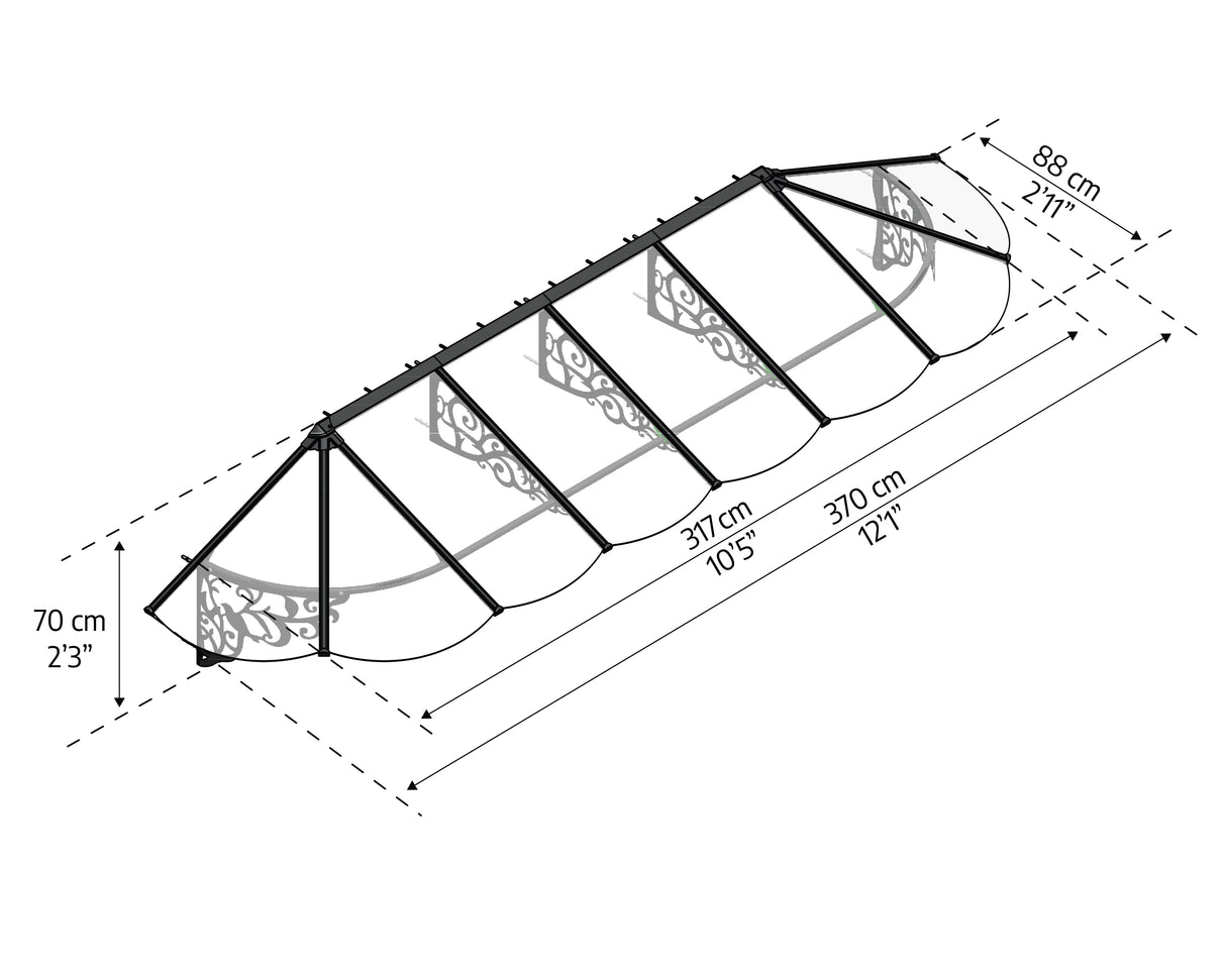 Lily 3.7m x 0.9m Door Canopy - Black Frame & Clear Polycarbonate