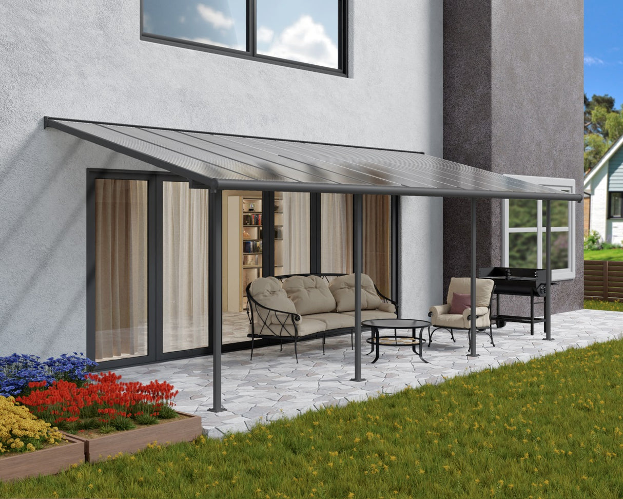 Sierra Patio Cover 3m x 7.4m - Grey Frame & Clear Polycarbonate