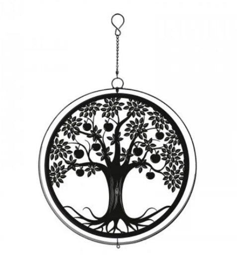 Metal Apple Tree Hanging Silhouette Orbit Spinner - Black