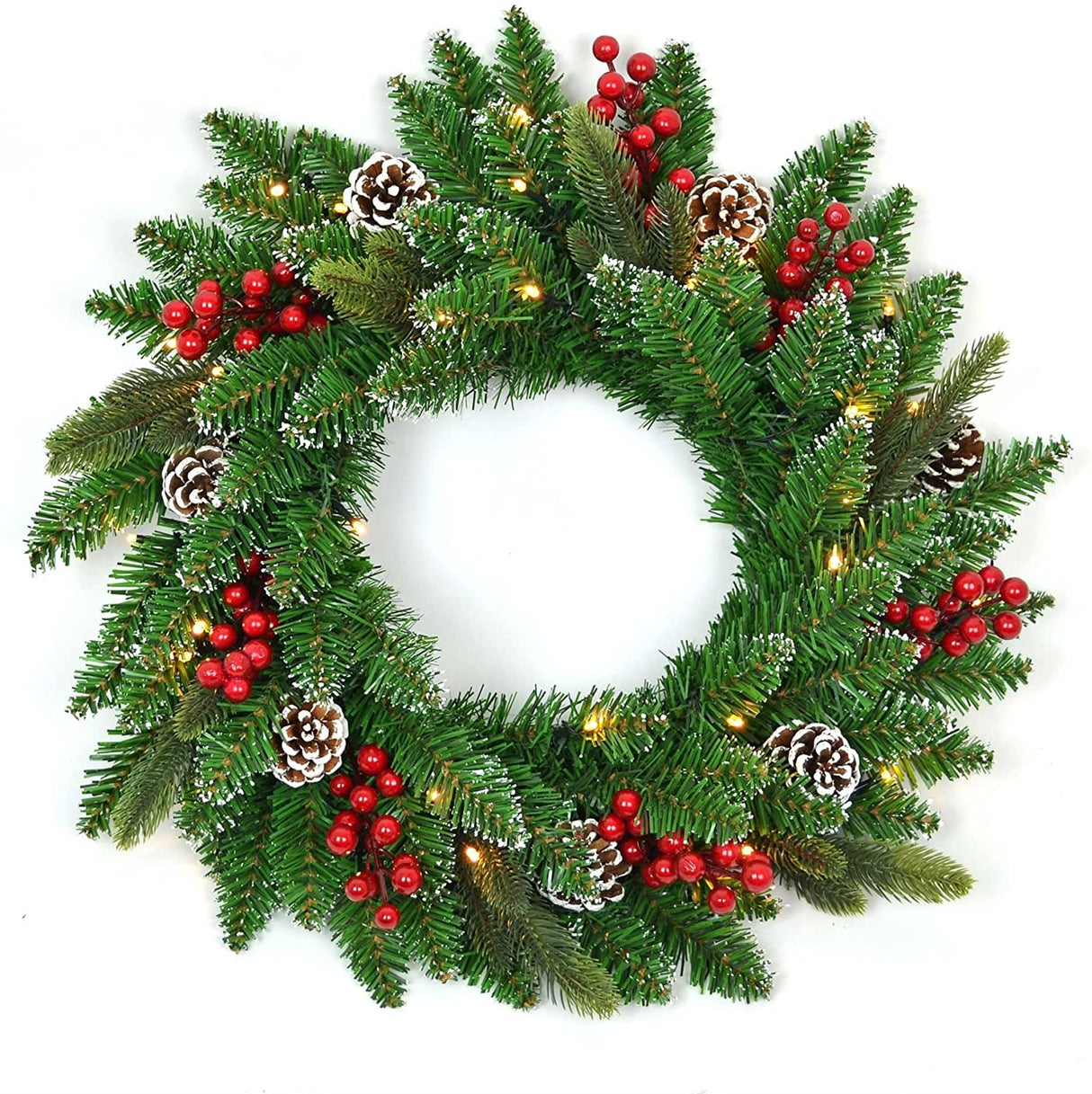 55cm Stockholm Pre-Lit Wreath with Cones and Berries