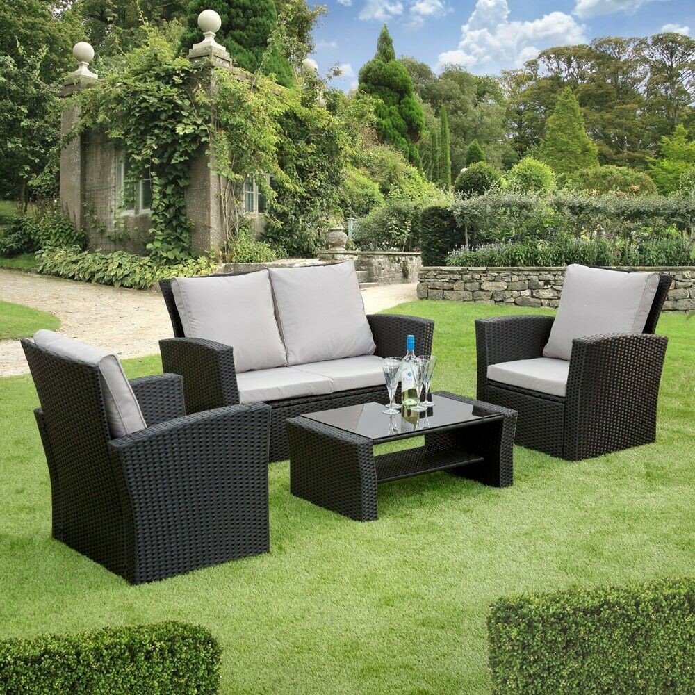 GSD Rattan 4 Piece Lounge Set - Black with Grey Cushions