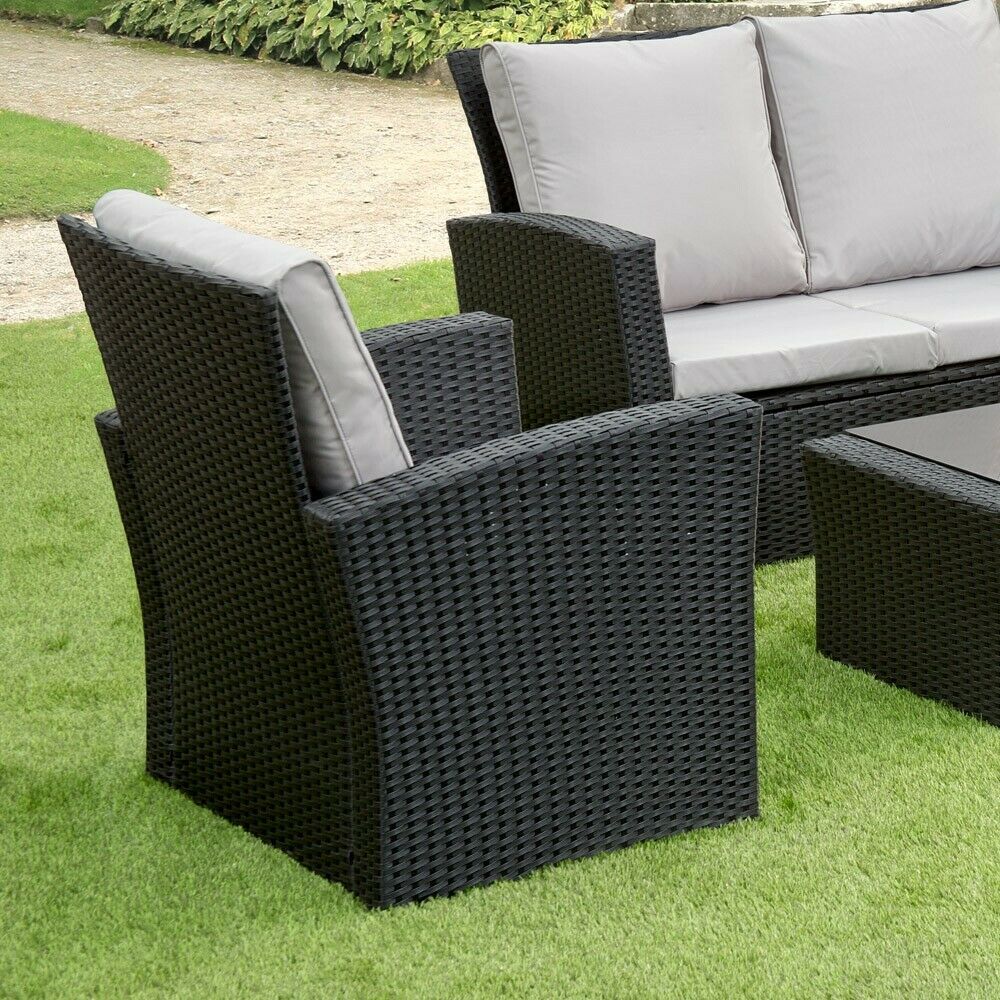 GSD Rattan 4 Piece Lounge Set - Black with Grey Cushions