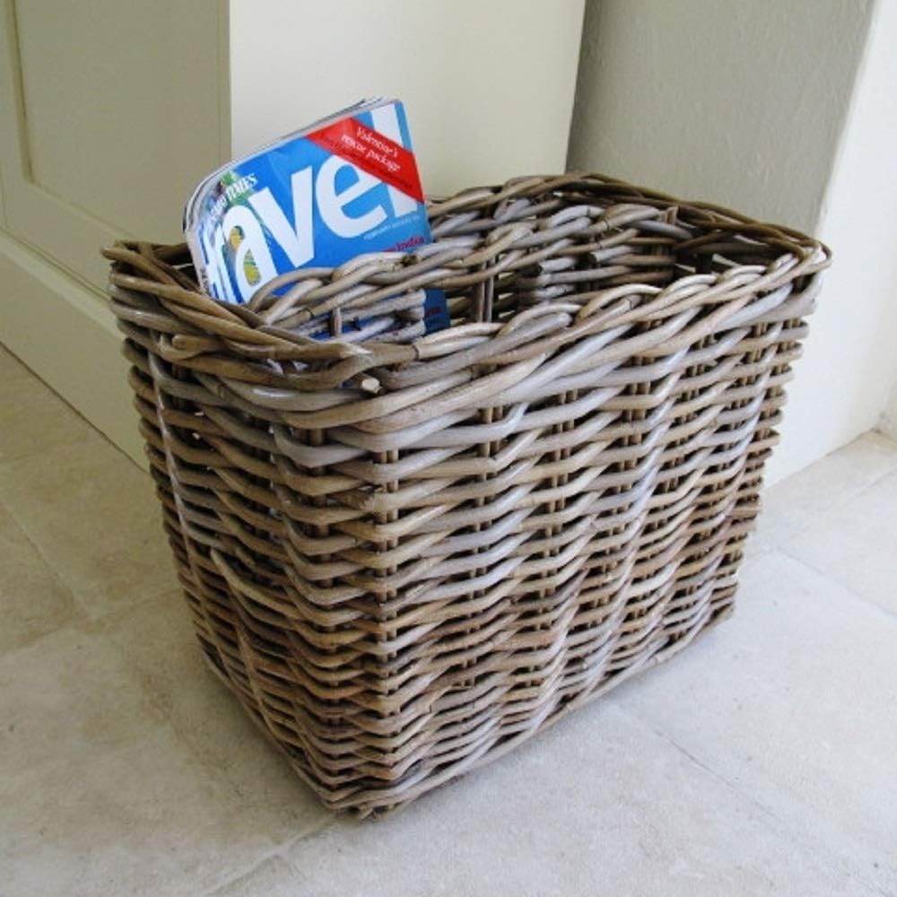 Grey Rattan Magazine Rack Storage Basket