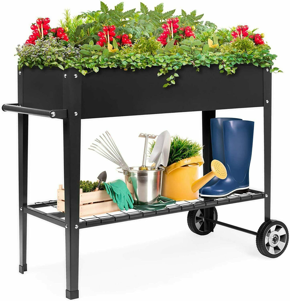 Raised Metal Planter with Wheels Dark Grey