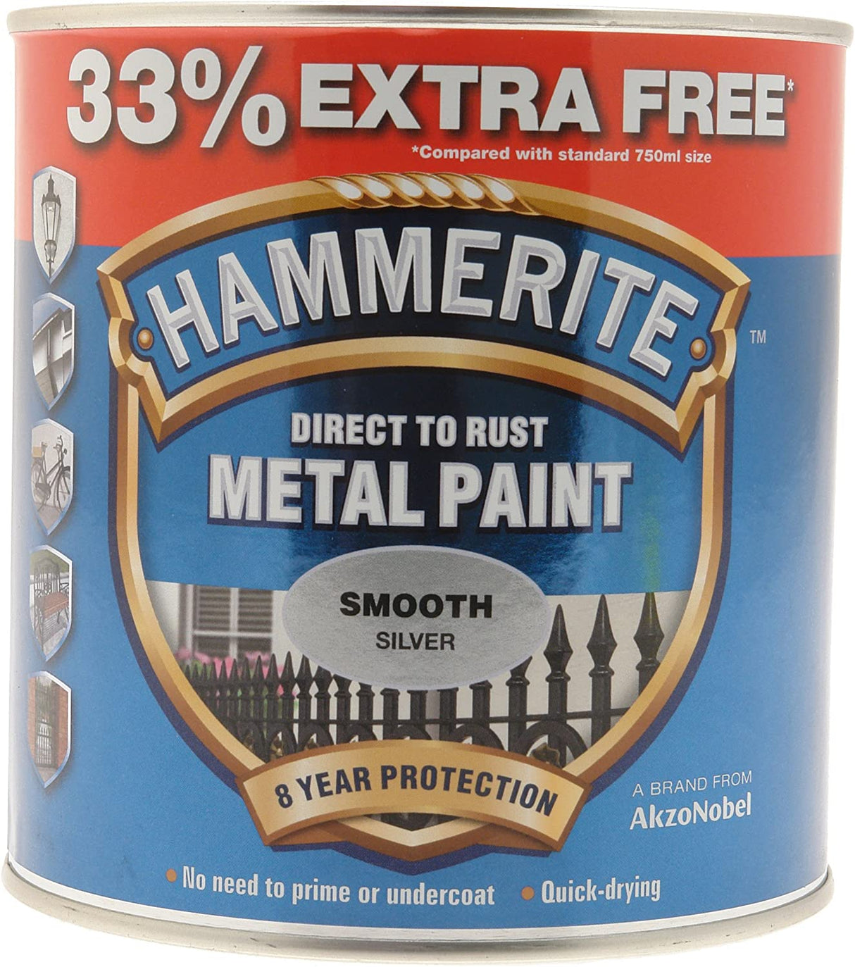 Hammerite Direct to Rust Metal Paint Smooth Silver Finish 750ml Plus 33% Extra Free - 1L