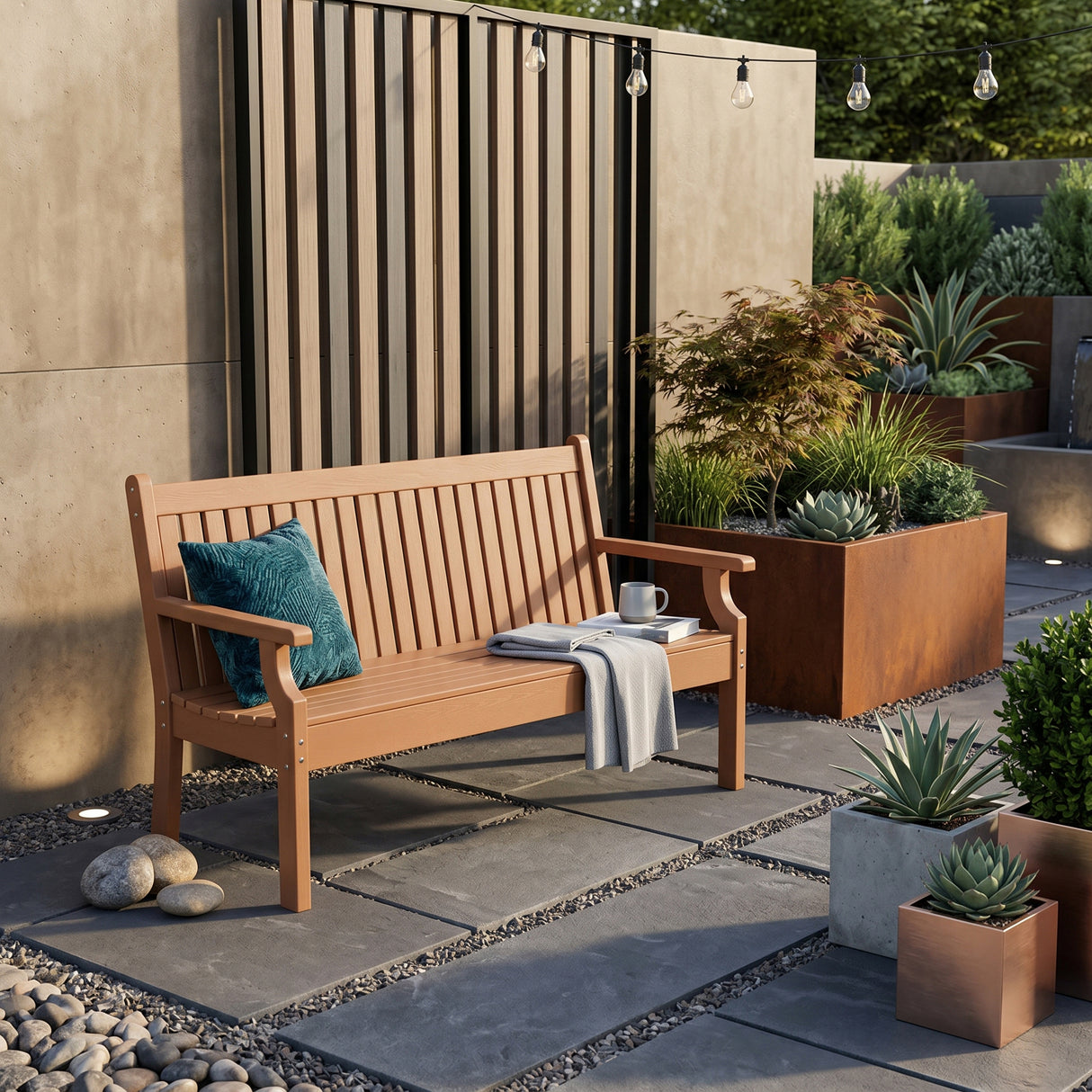 3 Seat Bench Viewpoint Faux Wood Outdoor  - Warm Brown