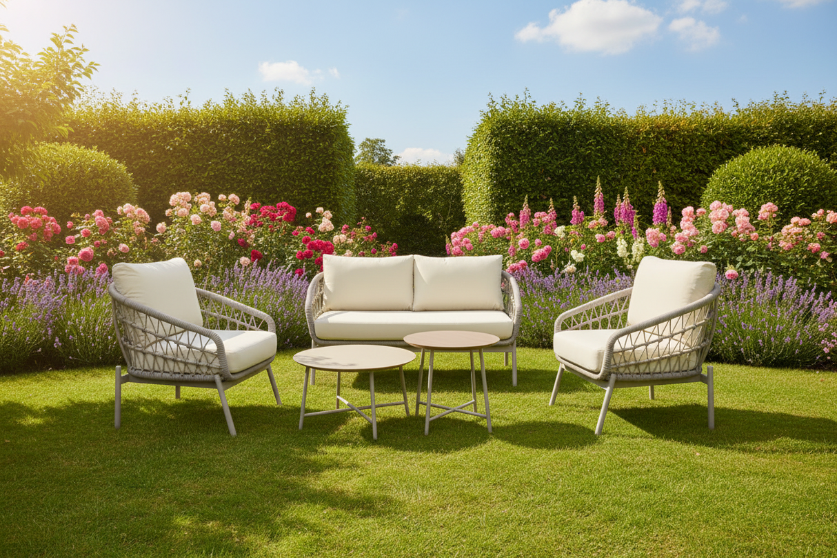 Harbour 4 Seat Garden Furniture Lounge Set - Grey Rope Frame/Beige