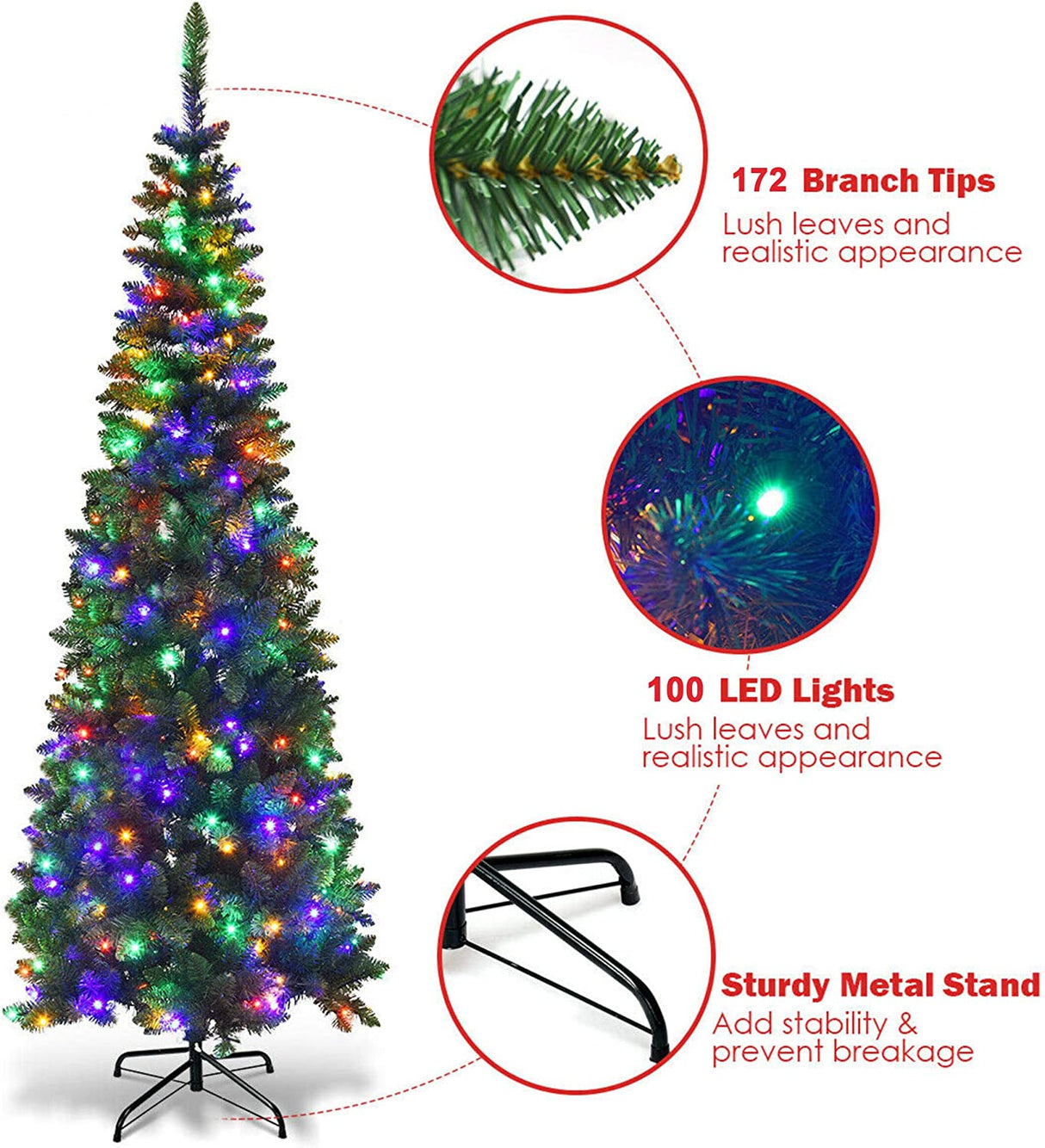 Pre-Lit Pencil Pine Christmas Tree 5ft/150cm - Multicolour LEDs