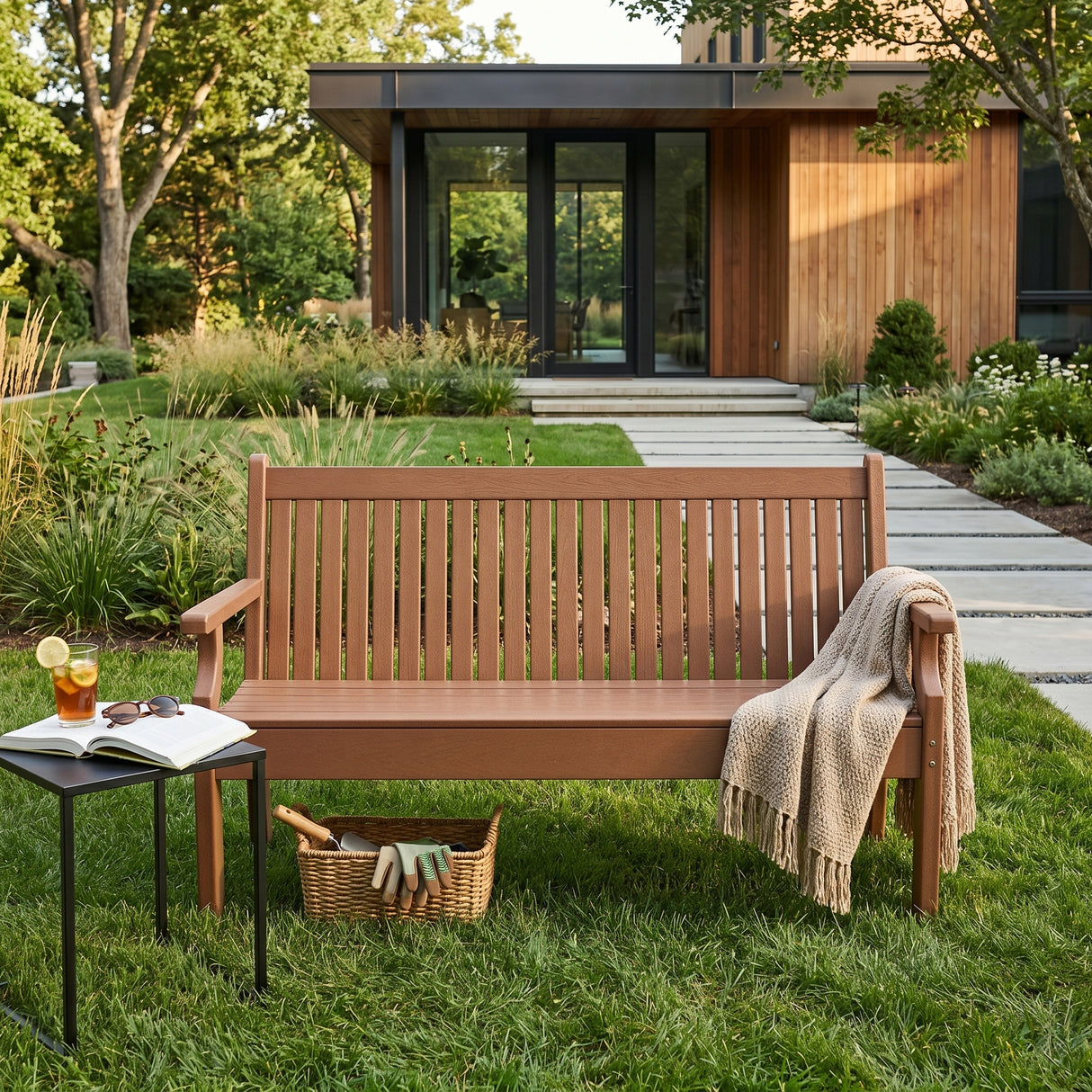 3 Seat Bench Viewpoint Faux Wood Outdoor  - Warm Brown