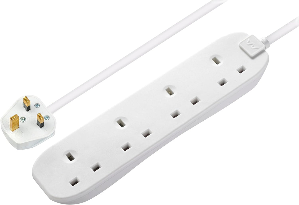 Four Socket Extension Lead, Unswitched, 5 Metre Cable, 4-Way Plug Extension Cable