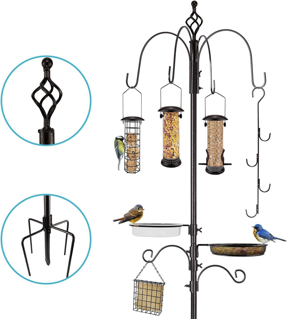 Wild Bird Feeding Station Kit - Heavy Duty Pole Multi-Feeder Hanging Kit, Metal Suet Feeder and Bird Bath