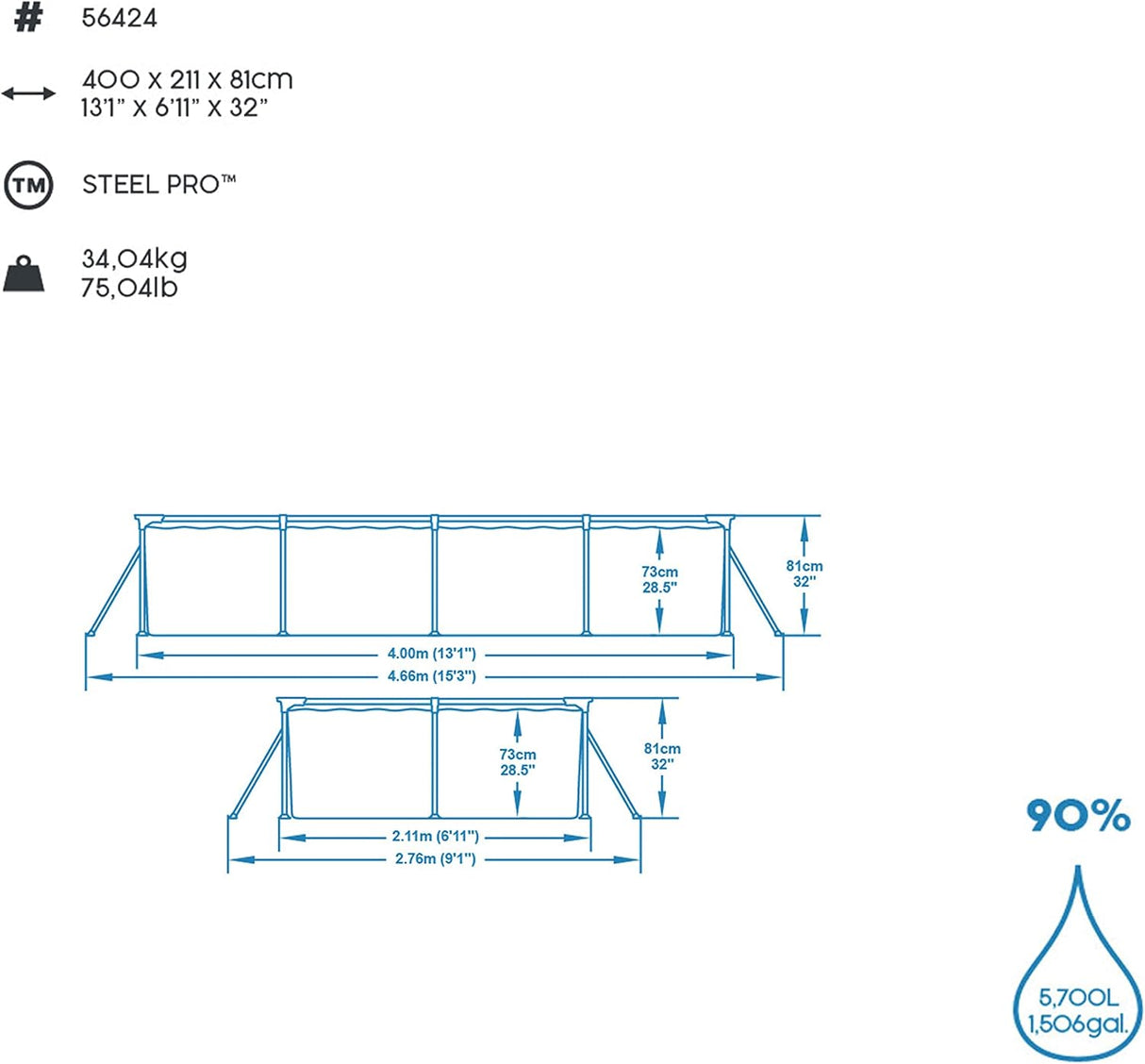 Bestway Steel Pro Rectangular Kids Pool with Steel Frame and Filter Pump - 400 x 211 x 81 cm