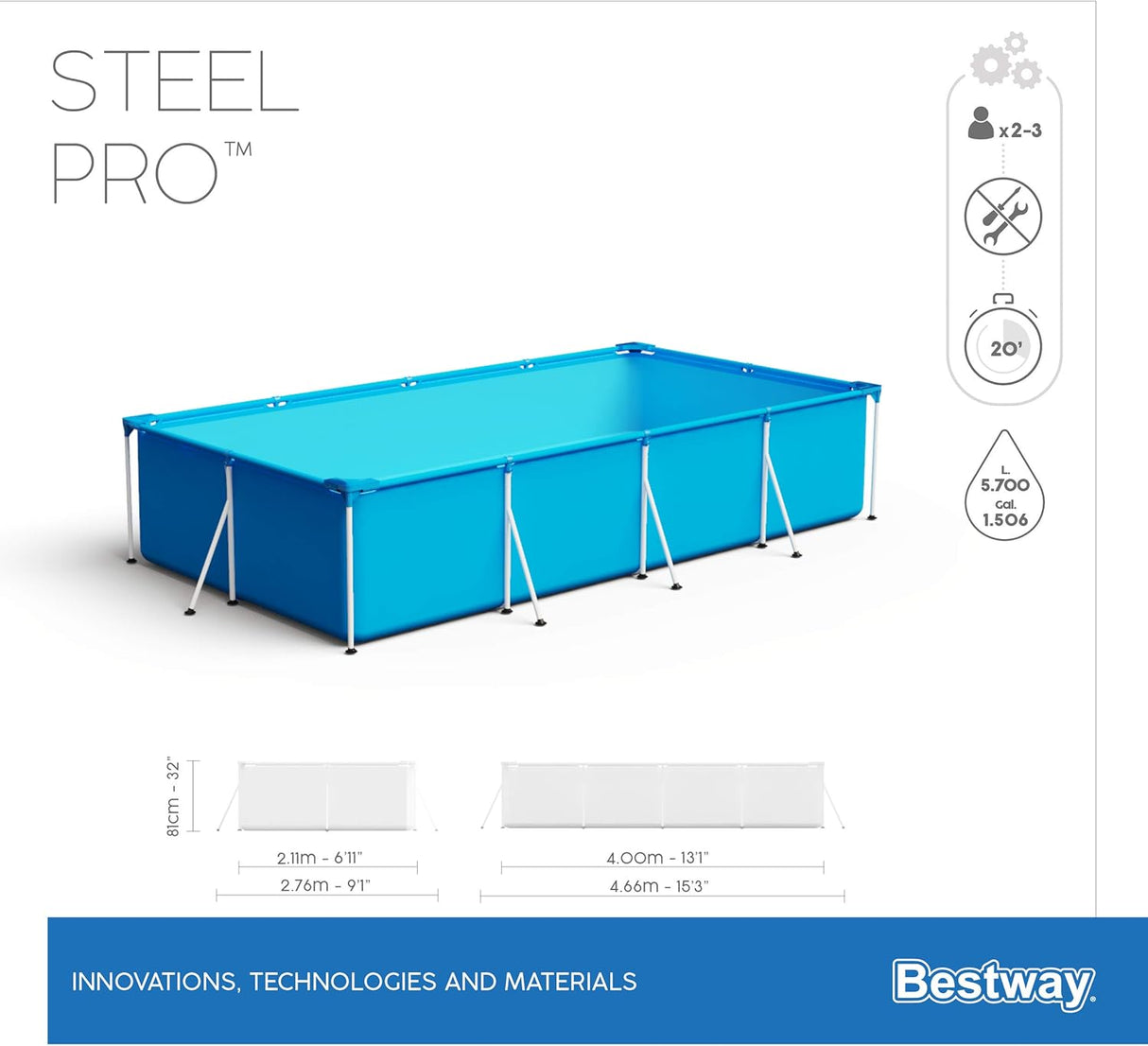 Bestway Steel Pro Rectangular Kids Pool with Steel Frame and Filter Pump - 400 x 211 x 81 cm