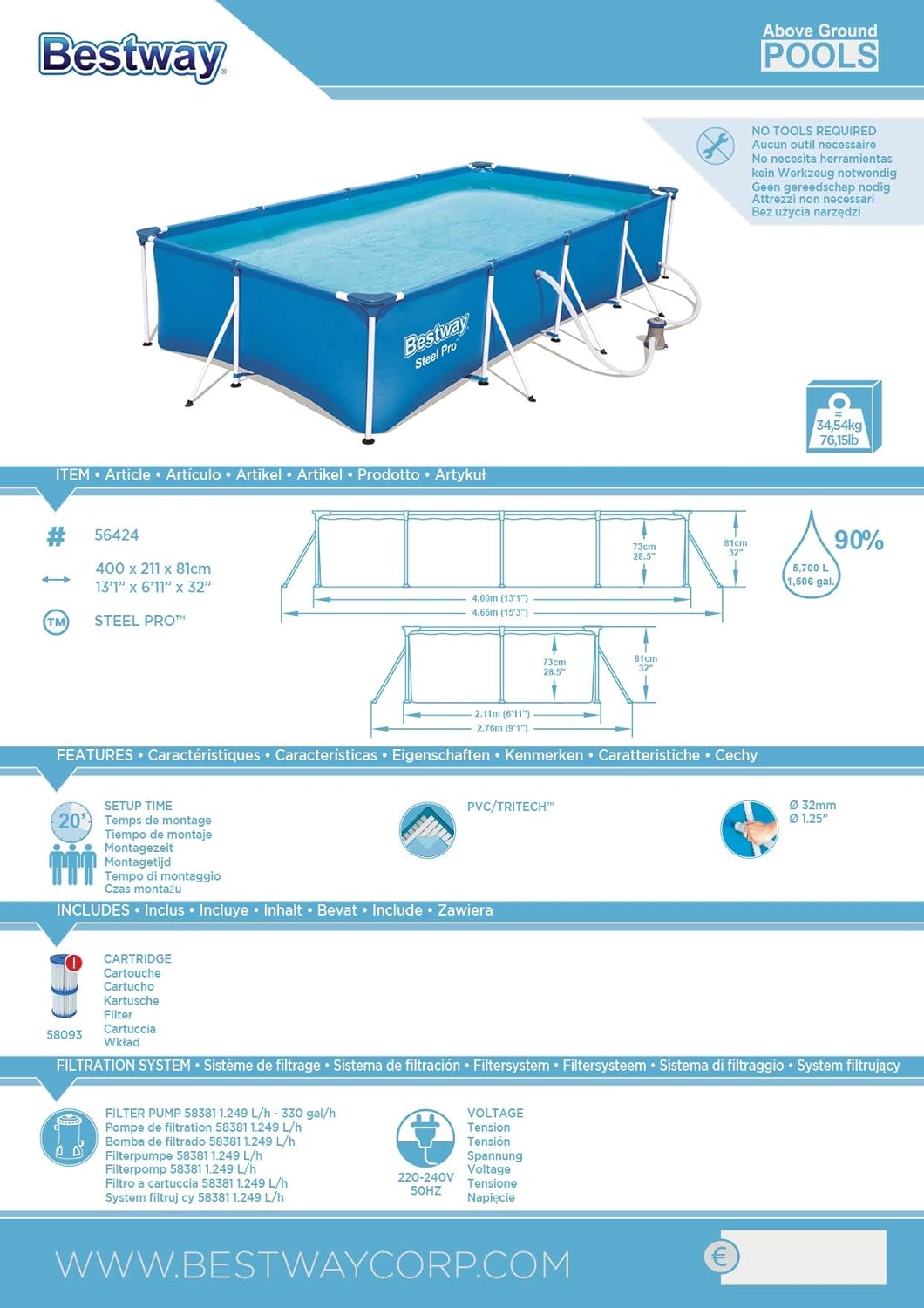 Bestway Steel Pro Rectangular Kids Pool with Steel Frame and Filter Pump - 400 x 211 x 81 cm