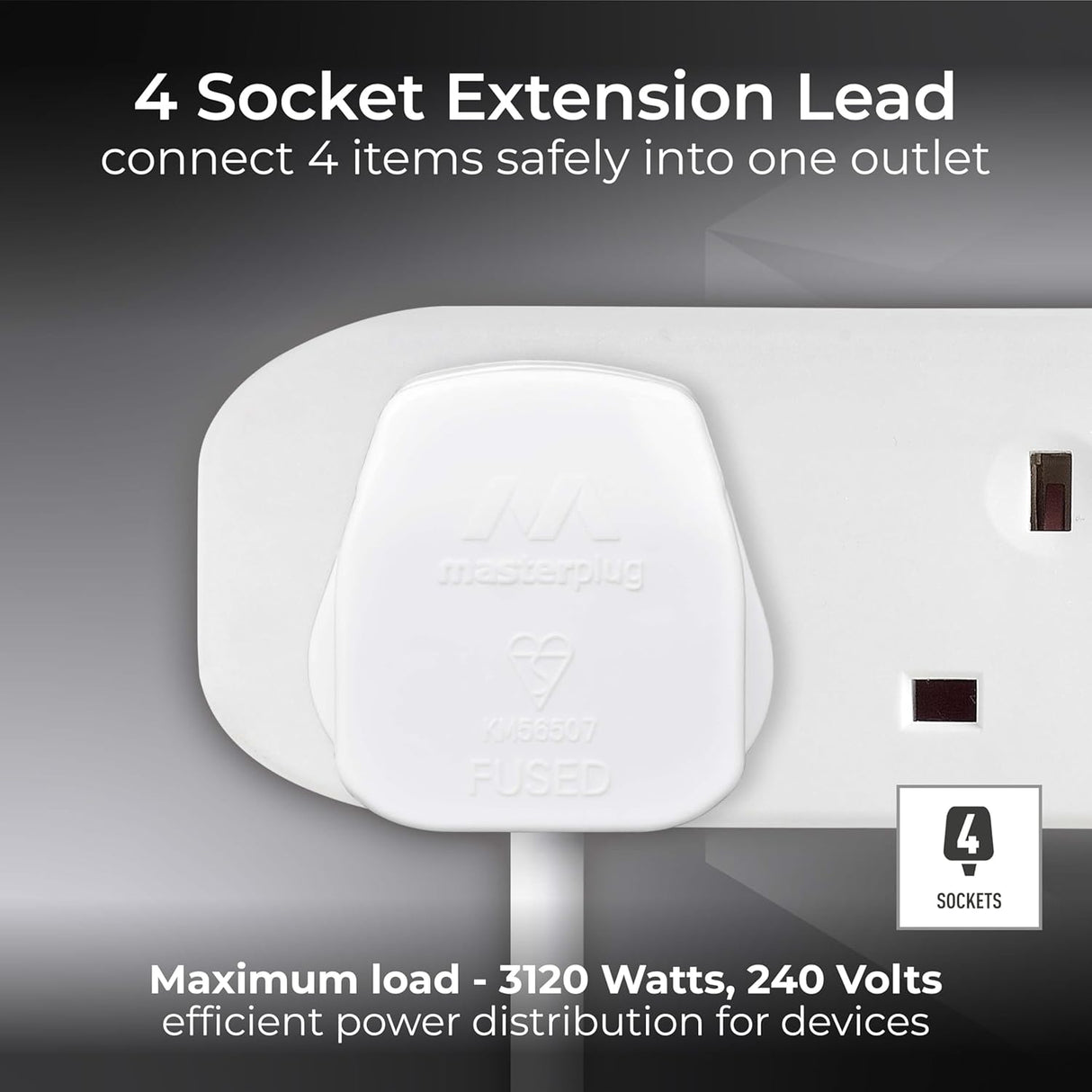 Four Socket Extension Lead, Unswitched, 5 Metre Cable, 4-Way Plug Extension Cable