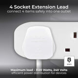 Four Socket Extension Lead, Unswitched, 5 Metre Cable, 4-Way Plug Extension Cable