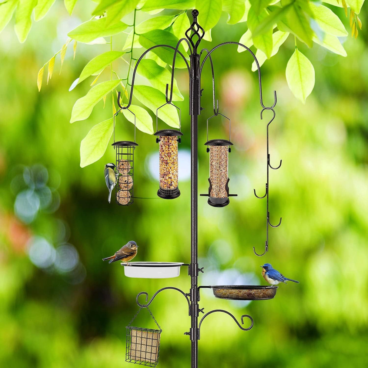 Wild Bird Feeding Station Kit - Heavy Duty Pole Multi-Feeder Hanging Kit, Metal Suet Feeder and Bird Bath