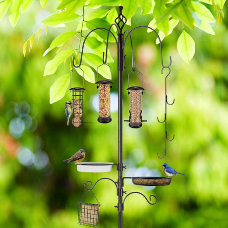 Wild Bird Feeding Station Kit - Heavy Duty Pole Multi-Feeder Hanging Kit, Metal Suet Feeder and Bird Bath