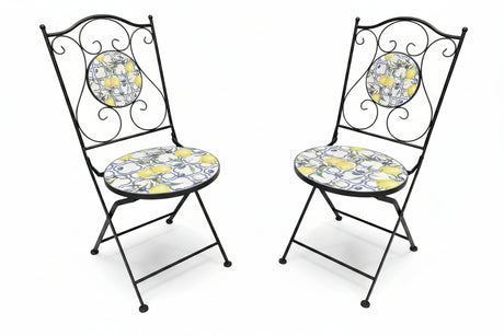 Lemon and Olive Print Mosaic Metal Bistro Pair of Chairs