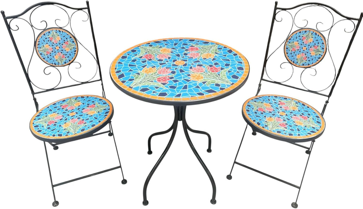 Blue Tulip Print Mosaic Metal Bistro Set