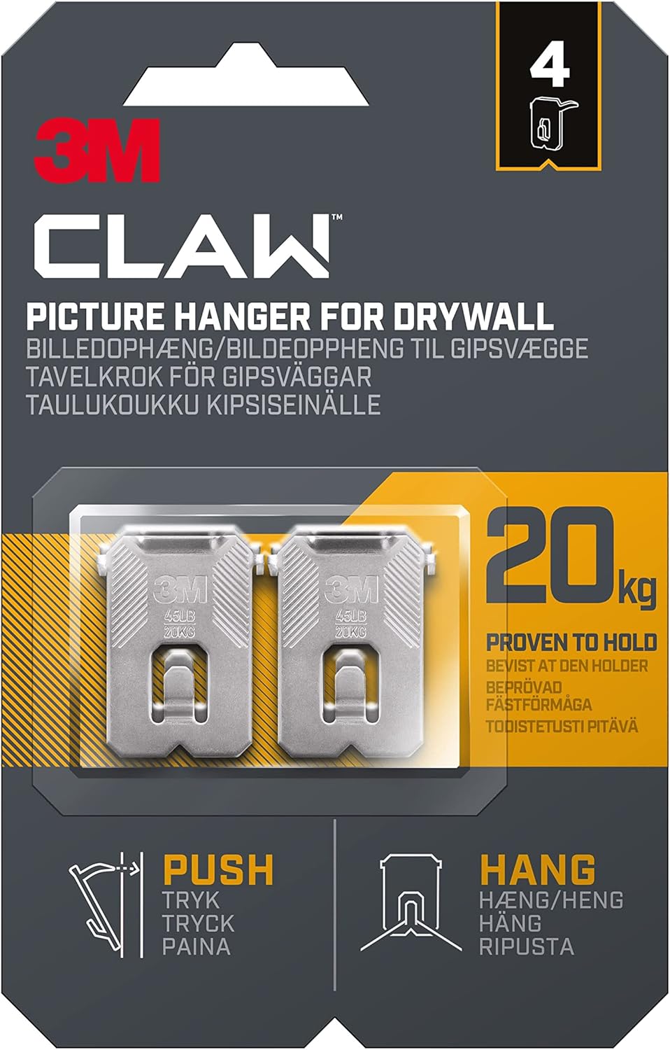 Plasterboard Picture Hanging Wall Hooks 4 Hangers - Holds up to 20 kg