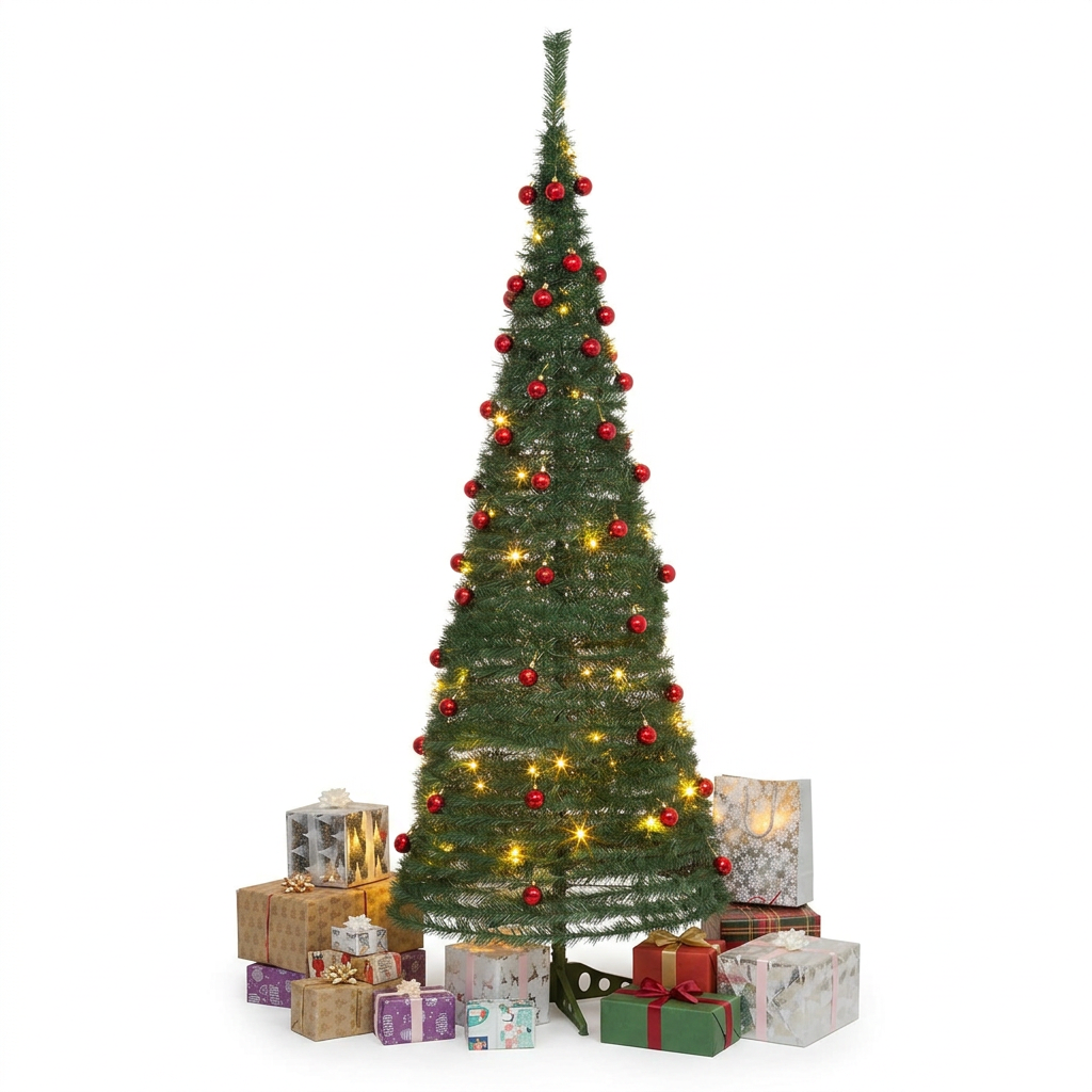 Pre-Lit Pop up Christmas Tree with Red Baubles - Battery Operated - 4ft/120cm