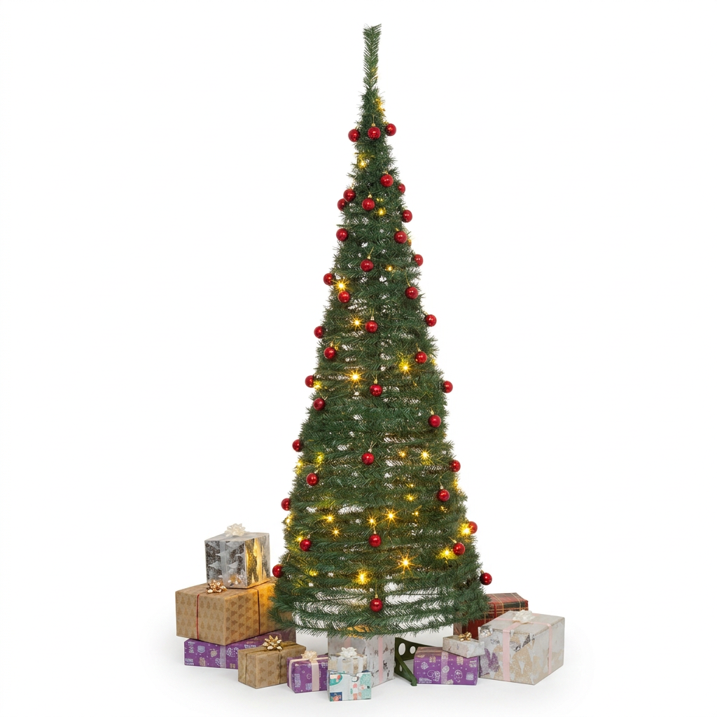 Pre-Lit Pop up Christmas Tree with Red Baubles - Mains Operated - 5ft/150cm