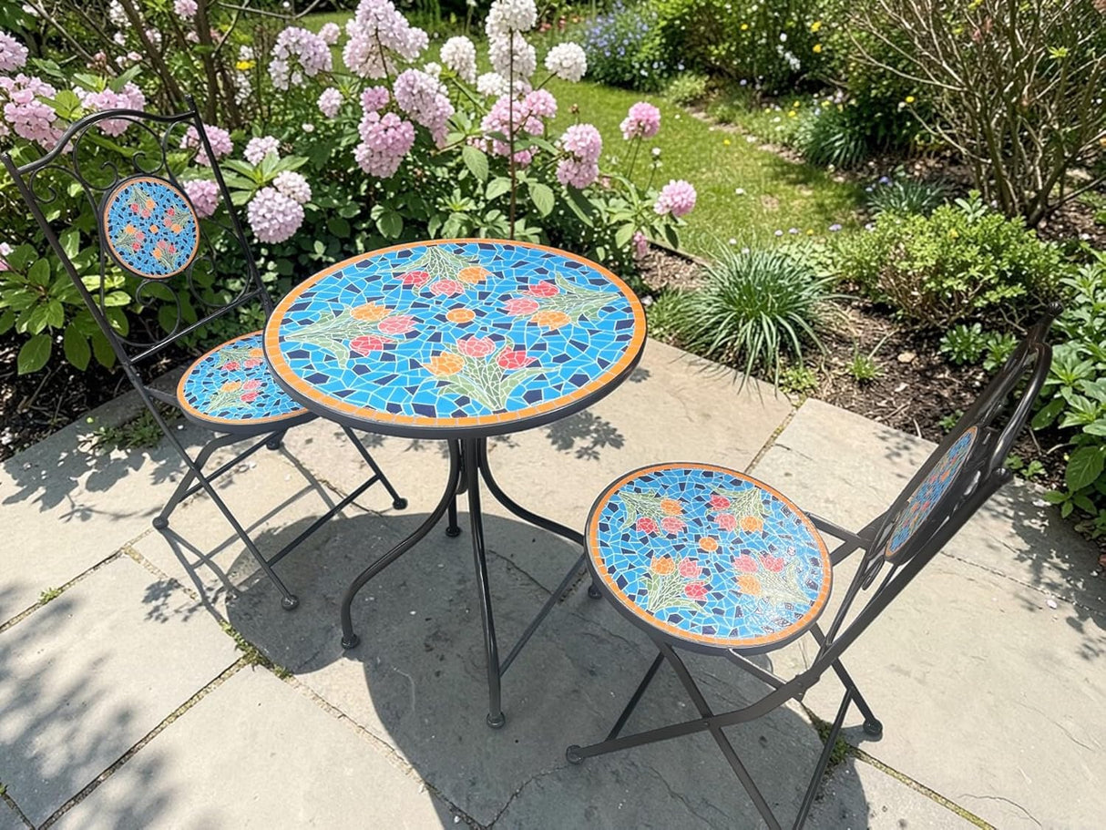 Blue Tulip Print Mosaic Metal Bistro Set