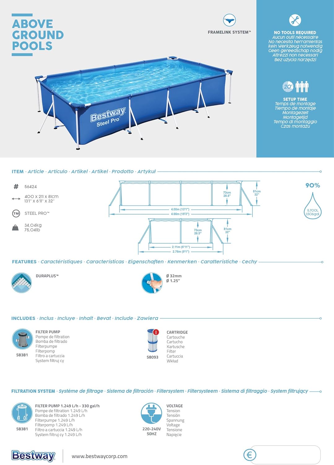 Bestway Steel Pro Rectangular Kids Pool with Steel Frame and Filter Pump - 400 x 211 x 81 cm