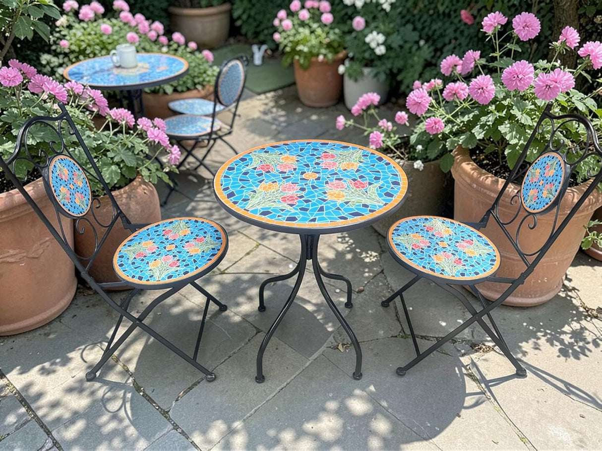 Blue Tulip Print Mosaic Metal Bistro Set