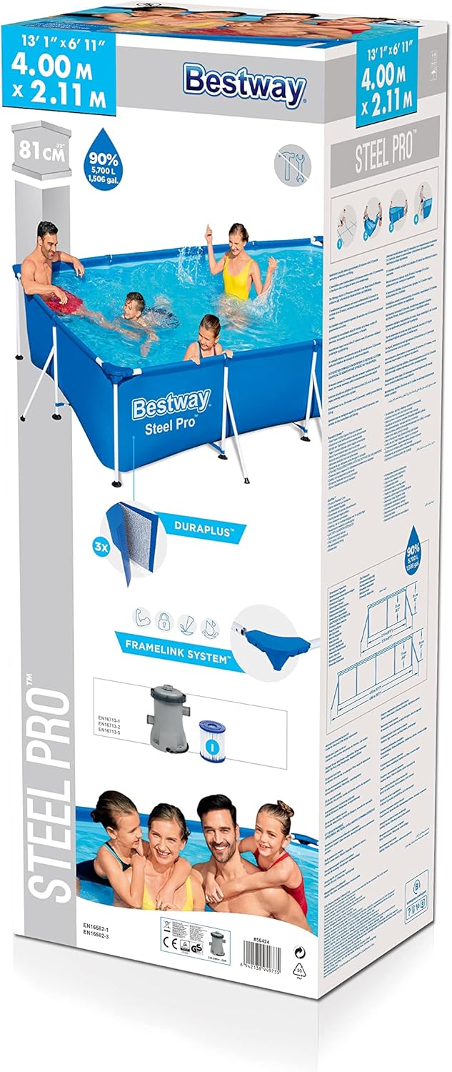 Bestway Steel Pro Rectangular Kids Pool with Steel Frame and Filter Pump - 400 x 211 x 81 cm