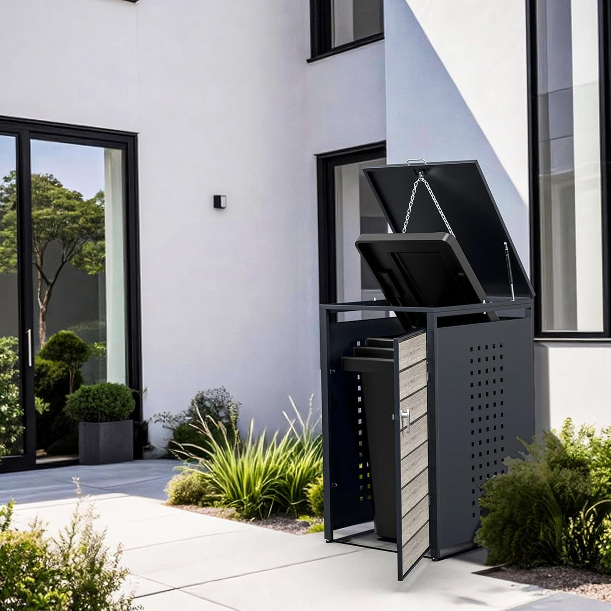 Modern Wheelie Bin Storage - Single Bin - Wood Grain