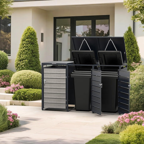 Modern Wheelie Bin Storage - Triple Bin - Wood Grain