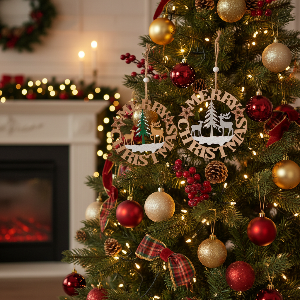 Set of 2 Wooden Merry Christmas Wreath Tree Decorations 12cm