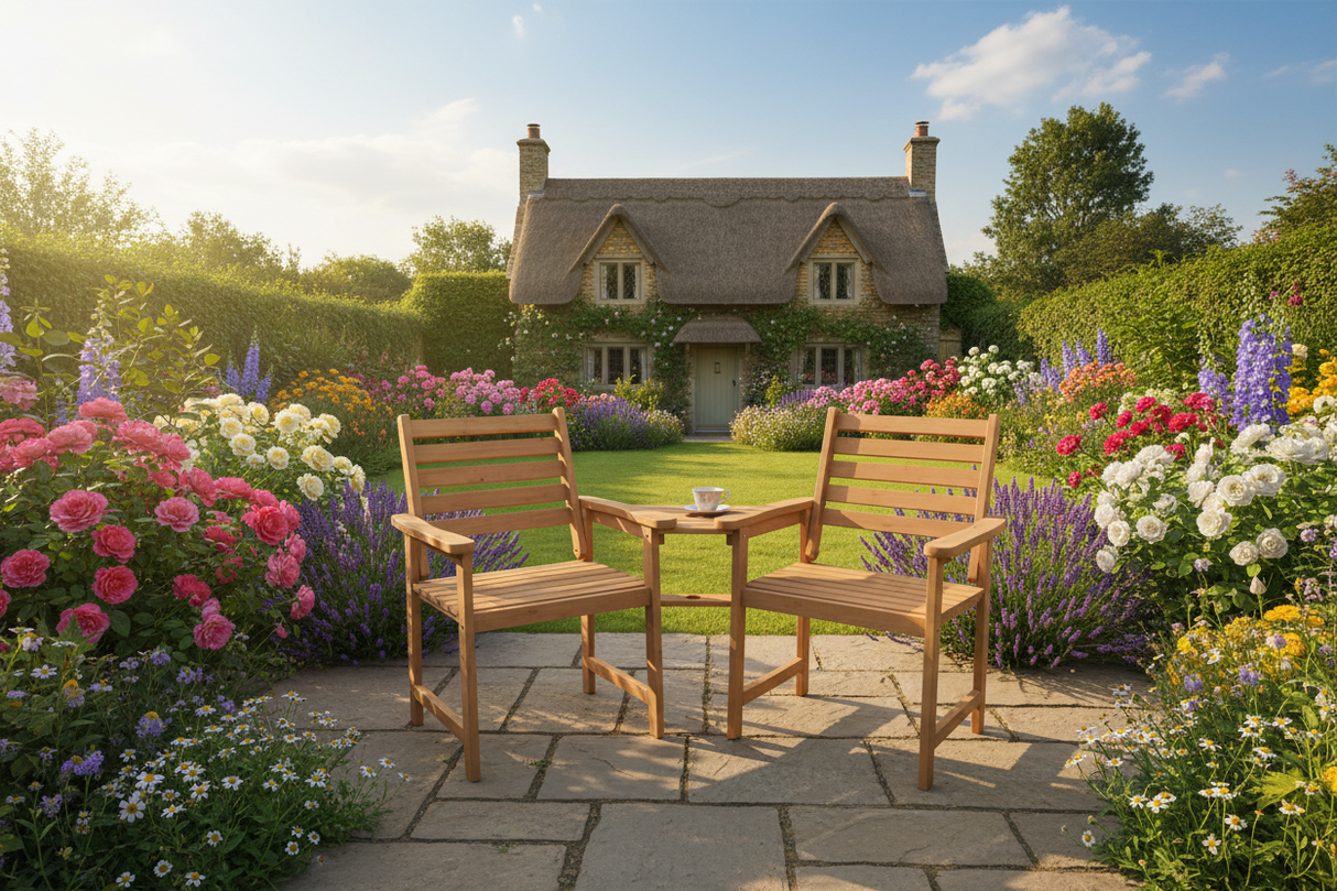 Wooden Outdoor Loveseat, Solid Wood Patio Companion Chair Coffee Table & Built-in Parasol Hole, Love Seat Bench Furniture Garden Balcony Conservatory